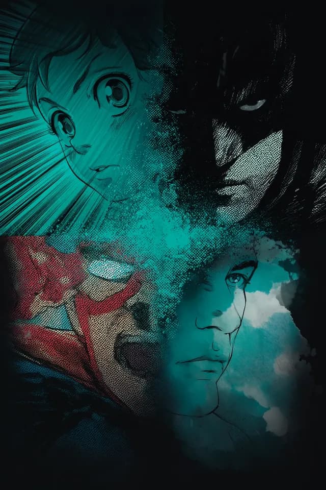 Collage of comic book art styles — manga, noir, superhero, watercolor